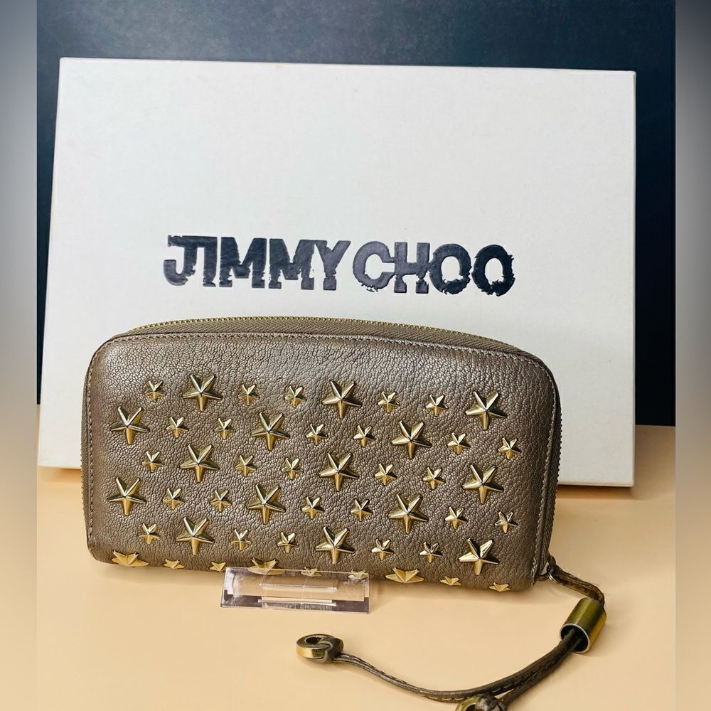 Jimmy Choo Taupe Gold Star-Studded Zip Around Long Wallet Authentic - Picture 3 of 17